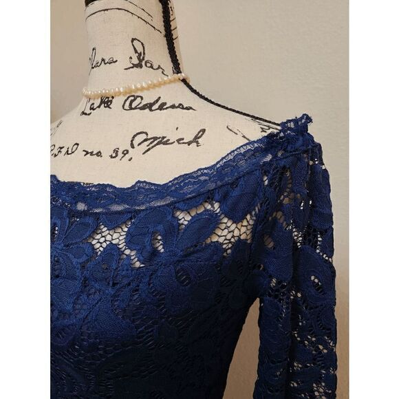 💙 Off Shoulder Lace Retro Pinup Vintage 1950s Long Sleeves Navy Dress L NWT - Picture 11 of 16